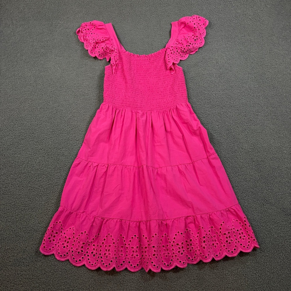 Time and Tru Dress Womens S 4-6 Pink Eyelet Flutter Sleeve Smocked Tiered Midi